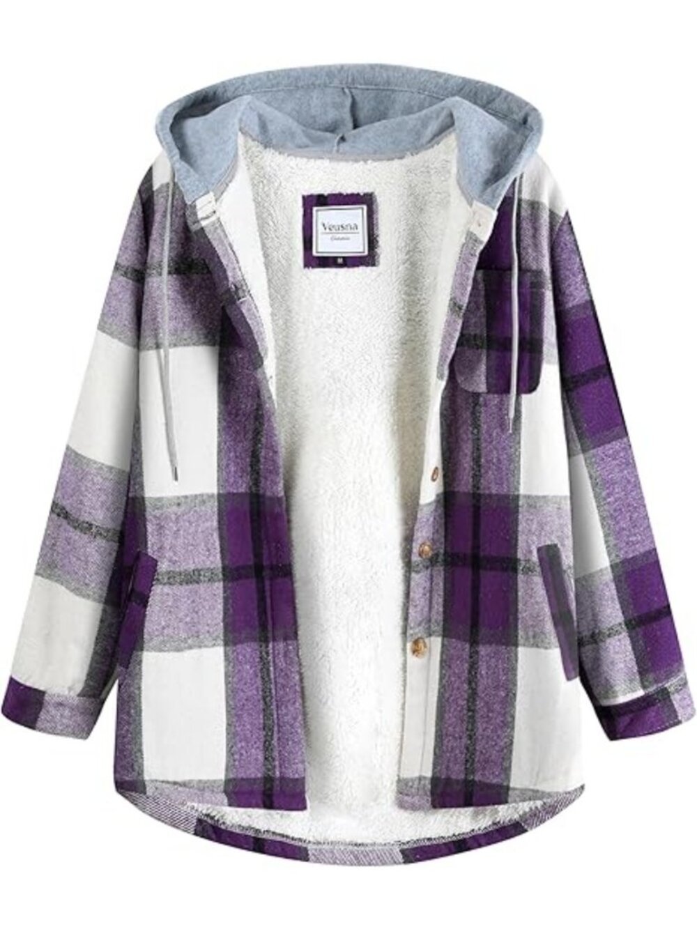 Purple Women's Plaid Flannel Long Sleeve Fleece Jacket Winter Coat